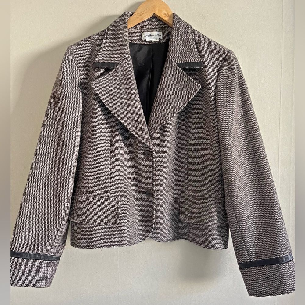 Vintage Harvé Benard Blazer L Herringbone Faux Leather Trim 90s Y2K